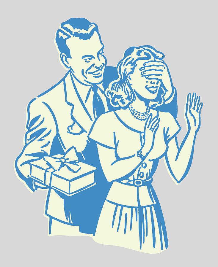 Vintage Drawing - Man Covers Womans Eyes for Surprise Gift #1 by CSA Images