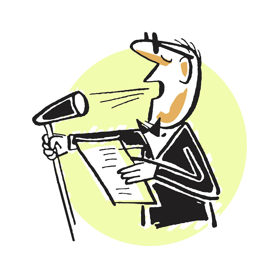 Music Drawing - Man in Tuxedo Singing into Microphone on Stand #1 by CSA Images