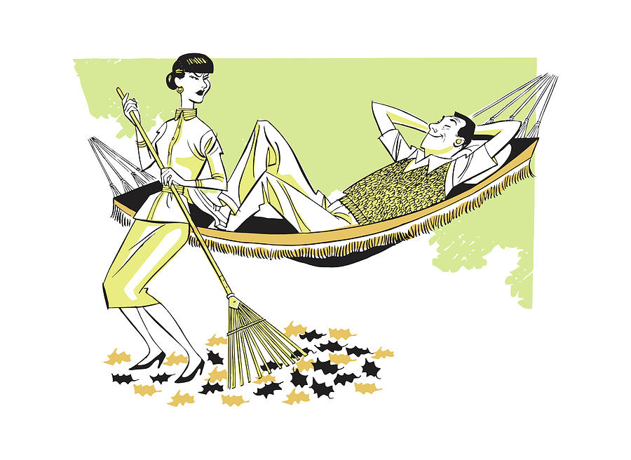 Fall Drawing - Man Laying in Hammock While Woman Rakes Leaves #1 by CSA Images