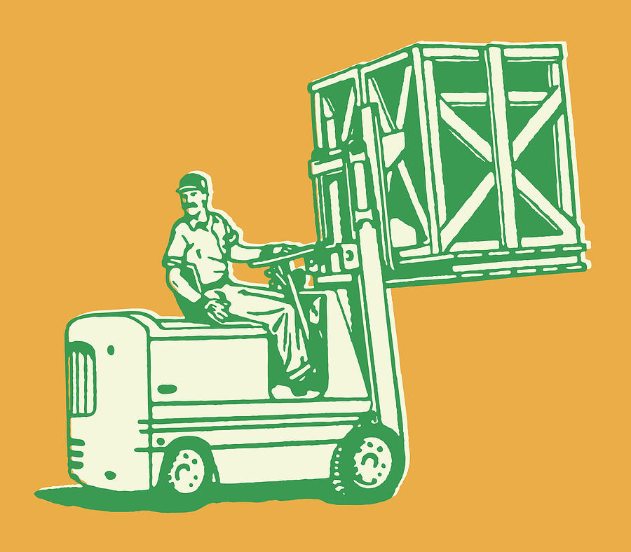 Vintage Drawing - Man on Forklift Moving Box #1 by CSA Images