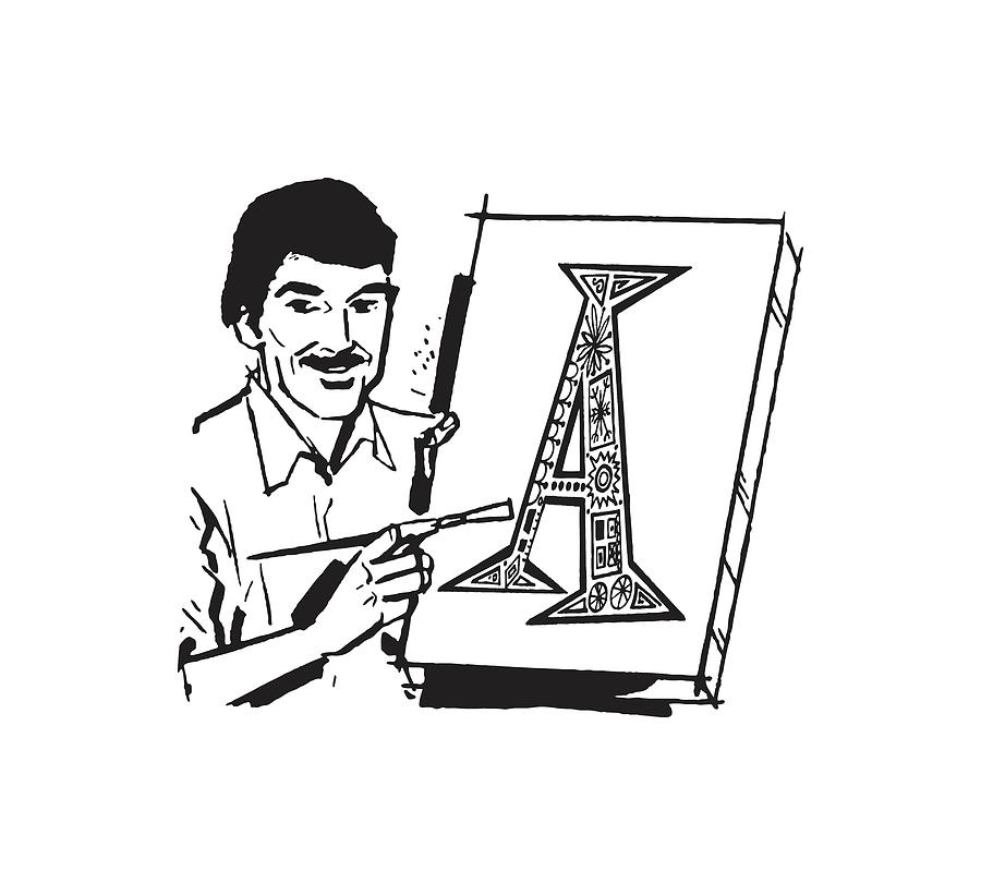Black And White Drawing - Man Painting the Letter A #1 by CSA Images