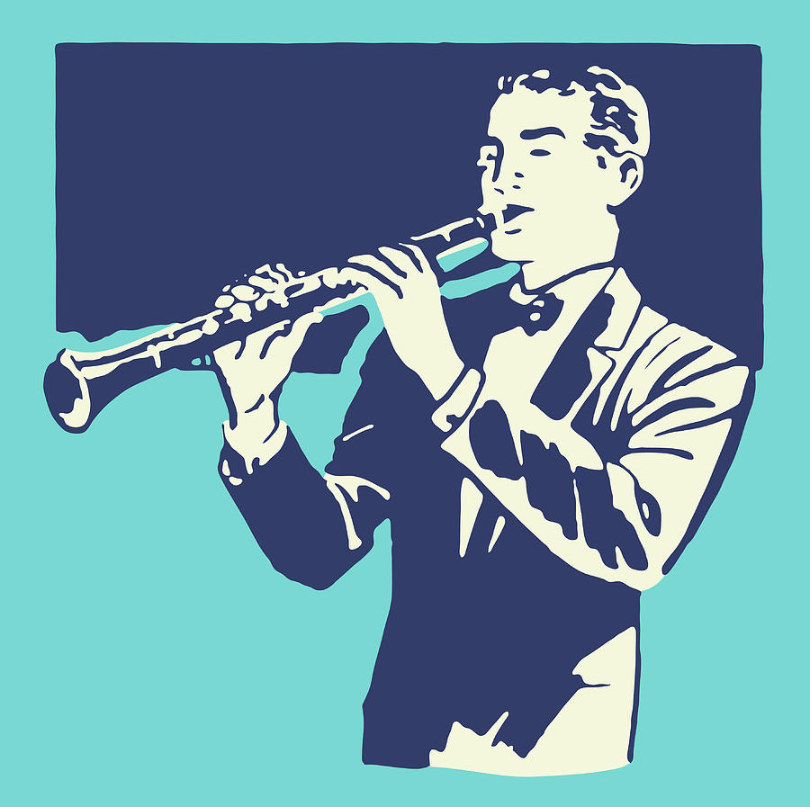 Black and White Clarinet Line Art With Cursive