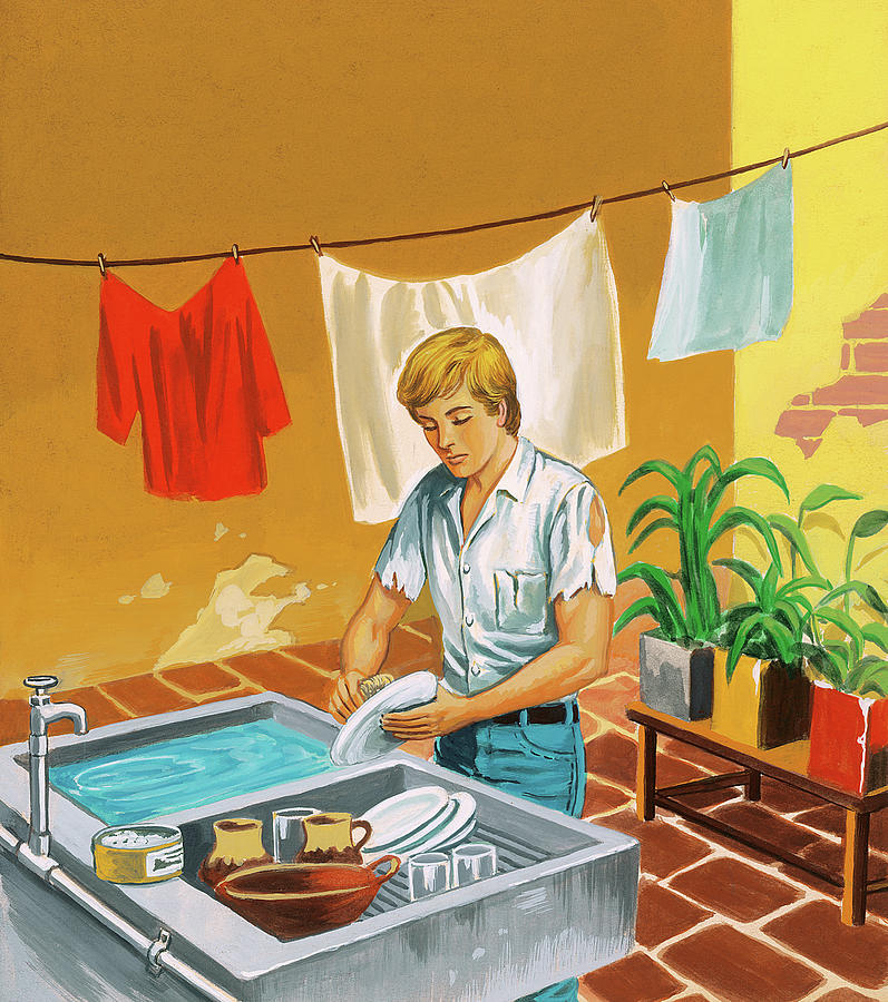 Vintage Drawing - Man Washing Dishes #1 by CSA Images