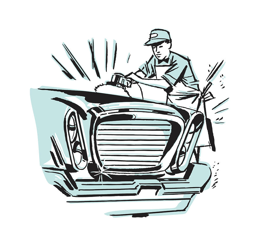 Transportation Drawing - Man Waxing a Car #1 by CSA Images