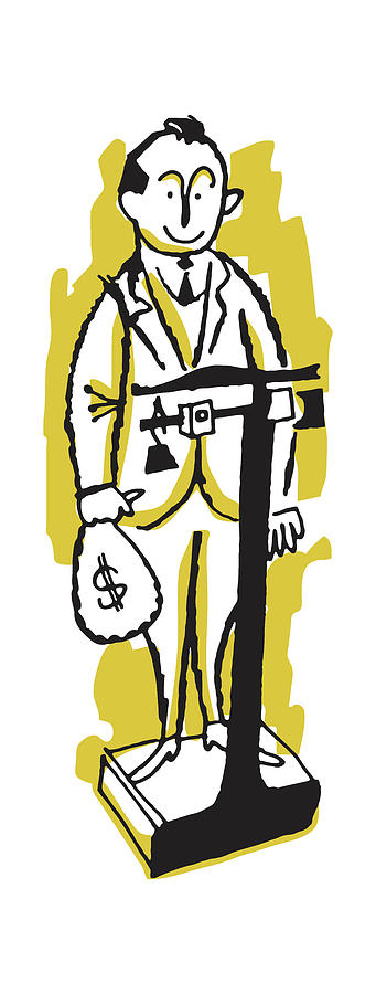 Vintage Drawing - Man Weighing Himself and Money #1 by CSA Images