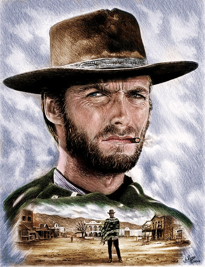The Good The Bad And The Ugly Drawing - Man with no name colour #2 by Andrew Read