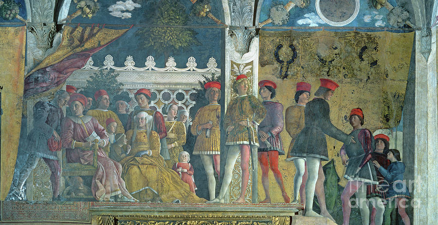 Andrea Mantegna Painting - Marchese Ludovico Gonzaga IIi, His Wife Barbara Of Brandenburg, Their Children, Courtiers And Their Dog Rubino, From The Camera Degli Sposi Or Camera Picta, 1465-74 by Andrea Mantegna