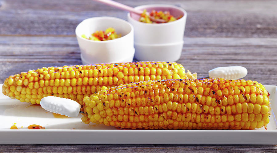 Marinated, Grilled Corn Cobs With A Pepper Salsa #1 Photograph by Teubner Foodfoto