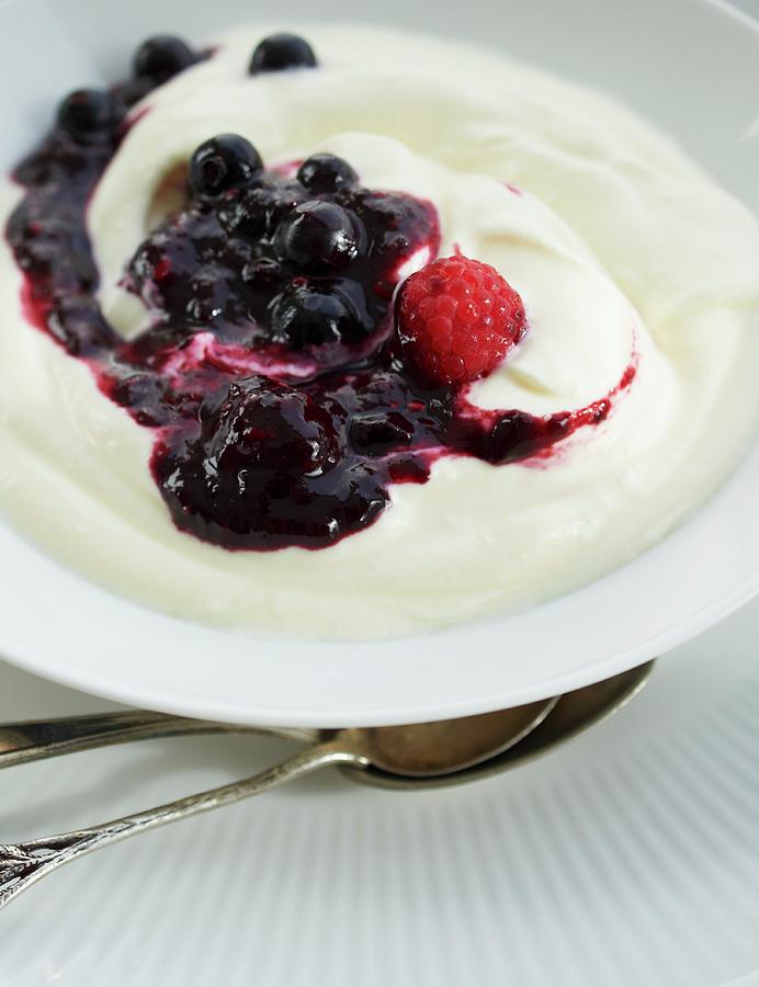 Mascarpone Cream With Berry Sauce #1 Photograph by Hannah Kompanik