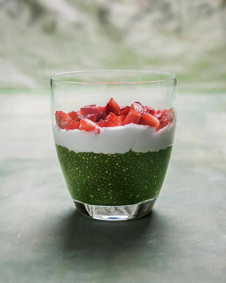 Matcha Chia Pudding With White Rice Milk Chocolate Cream And Fresh Strawberries #1 Photograph by Kati Neudert