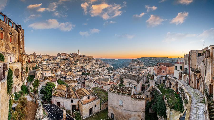 Architecture Photograph - Matera, Italy On The Canyon At Dusk #1 by Sean Pavone