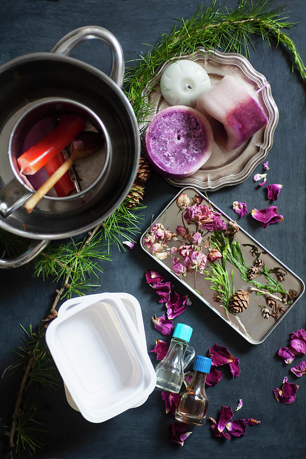 Materials For Making Scented Wax With Dried Flowers #1 Photograph by Alicja Koll