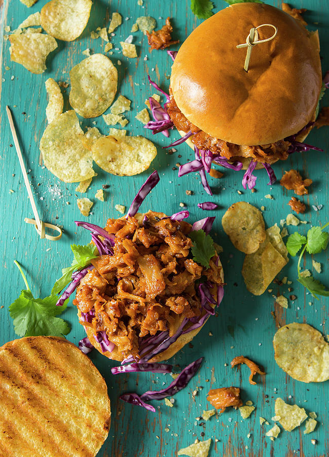 Meat Free Vegan Pulled Pork Made Form Soya And Jack Fruit In A Barbeque Sauce Served On A Brioche Bun With Pink Winterslaw #1 Photograph by Stacy Grant