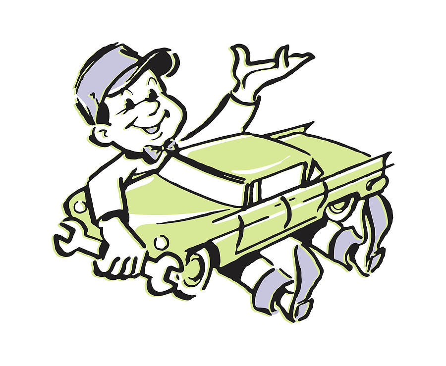 Mechanic Holding Wrench and Undersized Car on Lap Drawing by CSA Images
