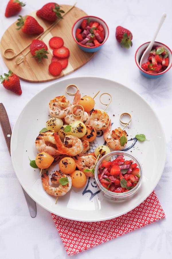 Melon And Langoustine Skewers With A Strawberry & Basil Salsa #1 Photograph by Eising Studio - Food Photo & Video
