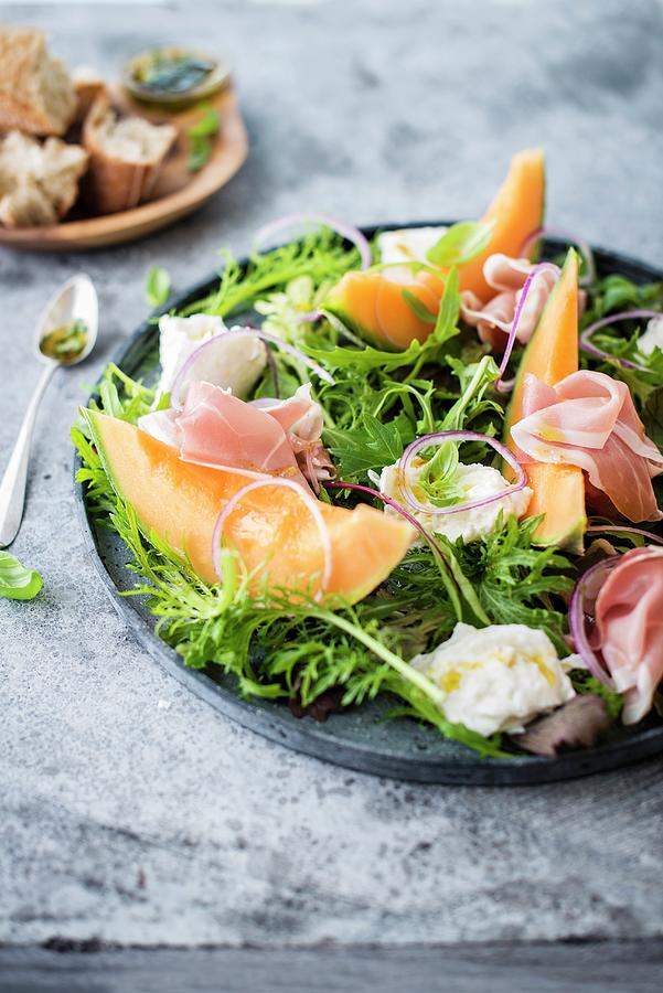 Melon, Smoked Ham And Mozzarella Salad #1 Photograph by Thys