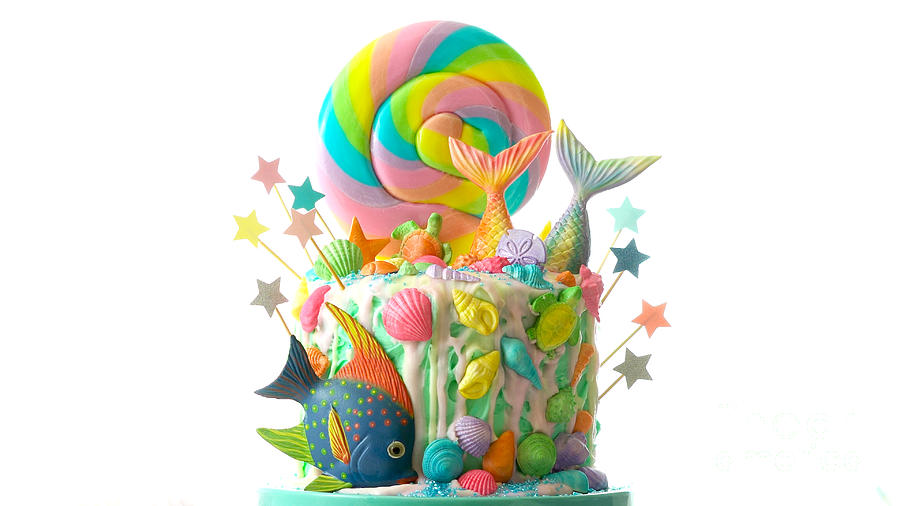 Mermaid theme candyland cake with glitter tails, shells and sea creatures. #1 Photograph by Milleflore Images