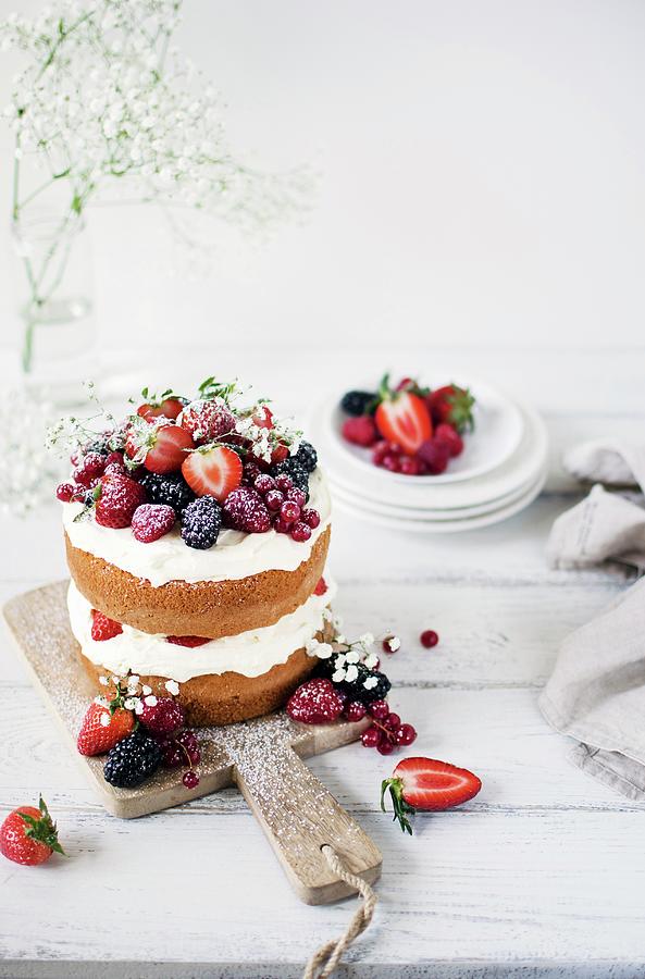 Midsummer Layer Cake With Whipped Cream And Berries #1 Photograph by Justina Ramanauskiene