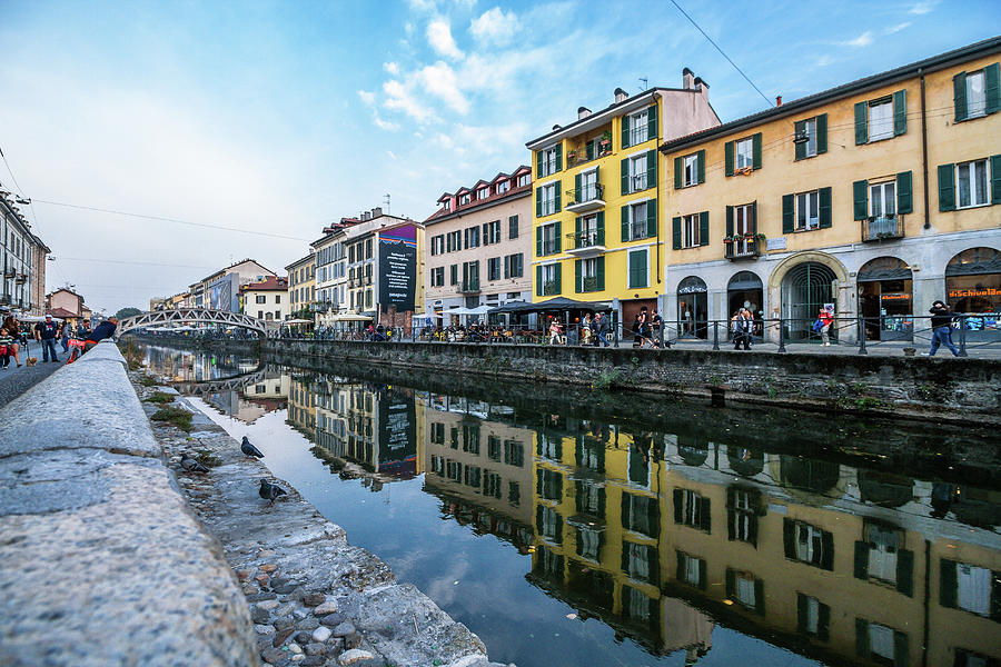 Milan Naviglio Grande at Sunset with Canal Reflection. Navigli District ...