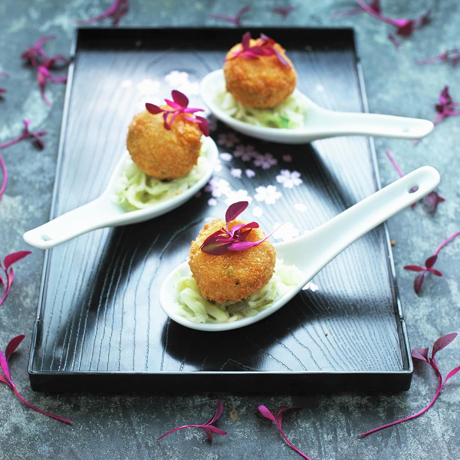 Mini Crab Cakes On Cabbage Salad asia #1 Photograph by William Reavell