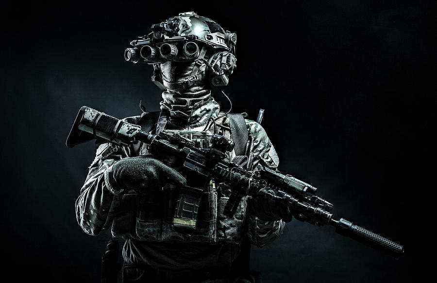 Modern Combatant Standing In Darkness Photograph by Oleg Zabielin ...