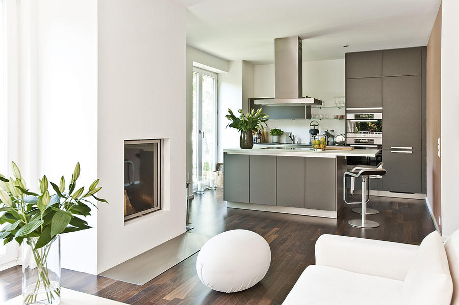 Modern Living Area With Fireplace And Kitchen, Hamburg, Germany #1 Photograph by Arnt Haug