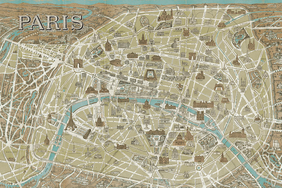 Monuments Of Paris Map Blue Painting by Wild Apple Portfolio - Fine Art ...