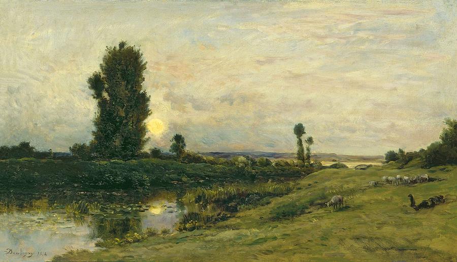 Moonrise on the Banks of the River Oise - Daubigny, Charles-Francois #1 Painting by Celestial Images