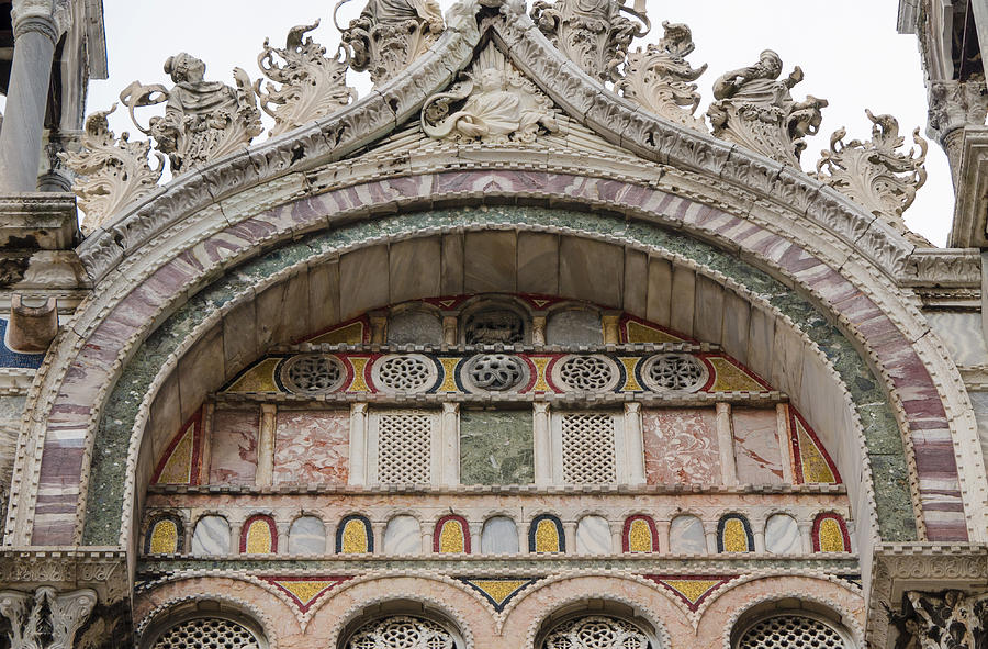 Moorish arches on the facade of St. Marks Basilica in Venice #1 Photograph by Tosca Weijers