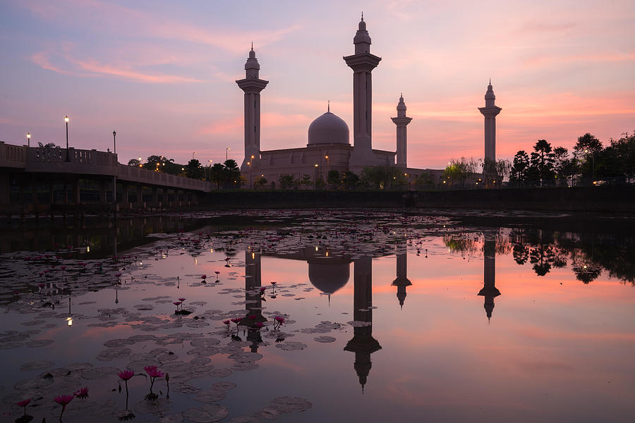 Architecture Photograph - Morning Sunrise Sky Of Masjid Bukit #1 by Prasit Rodphan