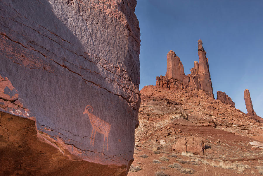 Moses And Zeus Spires And Petroglyph #1 Photograph by Jeff Foott