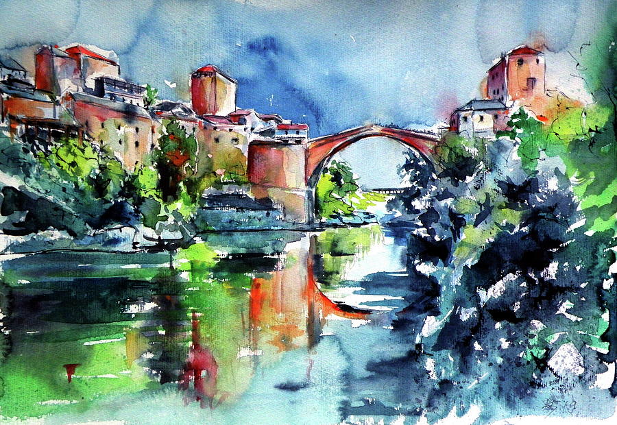 Mostar bridge #1 Painting by Kovacs Anna Brigitta