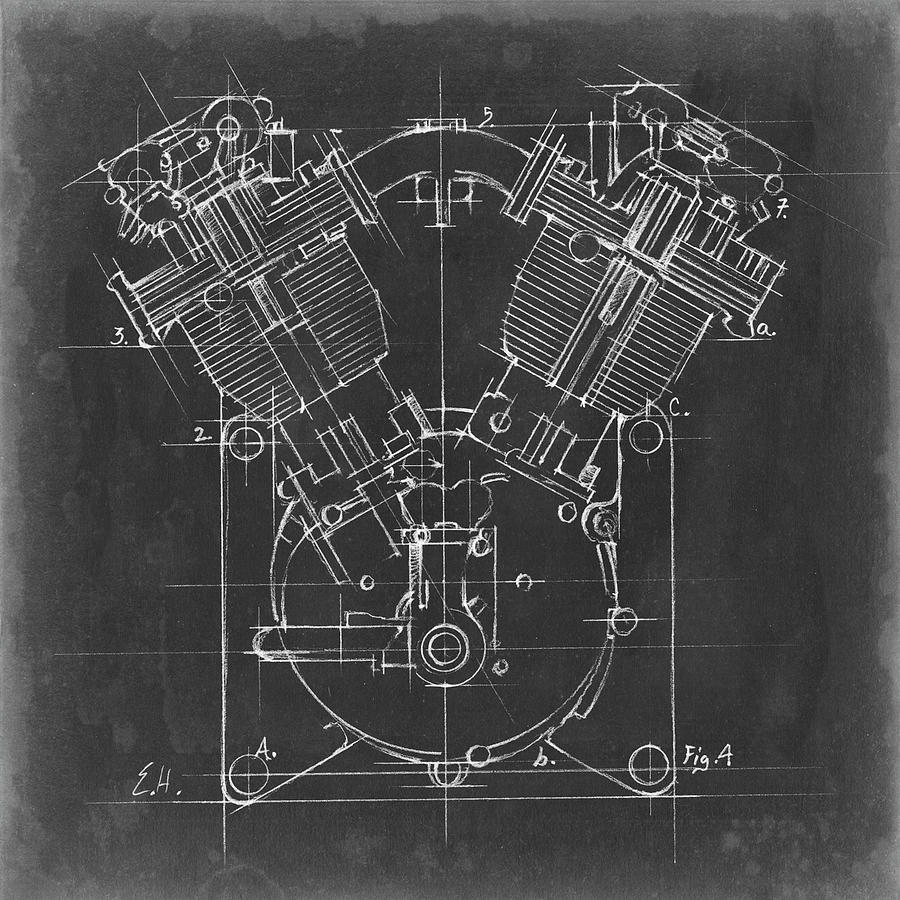 Transportation Painting - Motorcycle Engine Blueprint II #1 by Ethan Harper