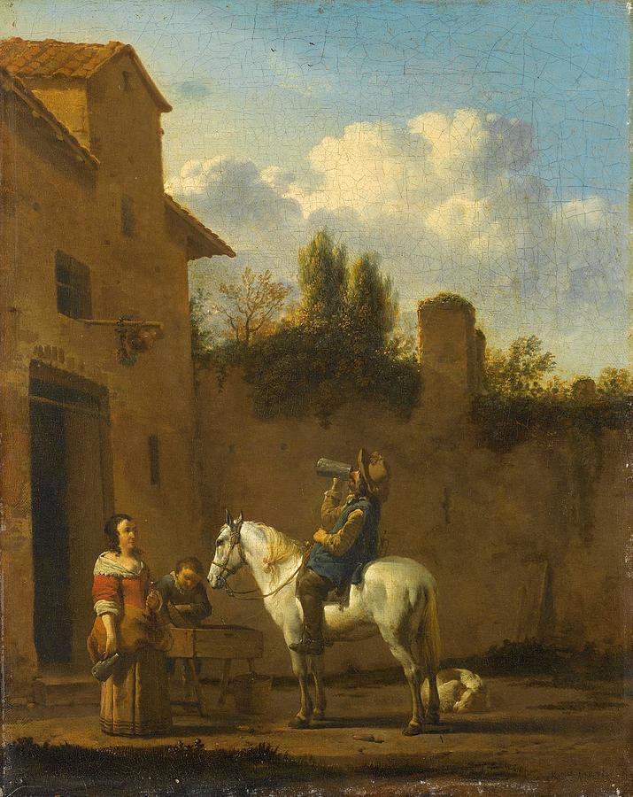 Mounted Trumpeter taking a Drink. #1 Painting by Karel Dujardin