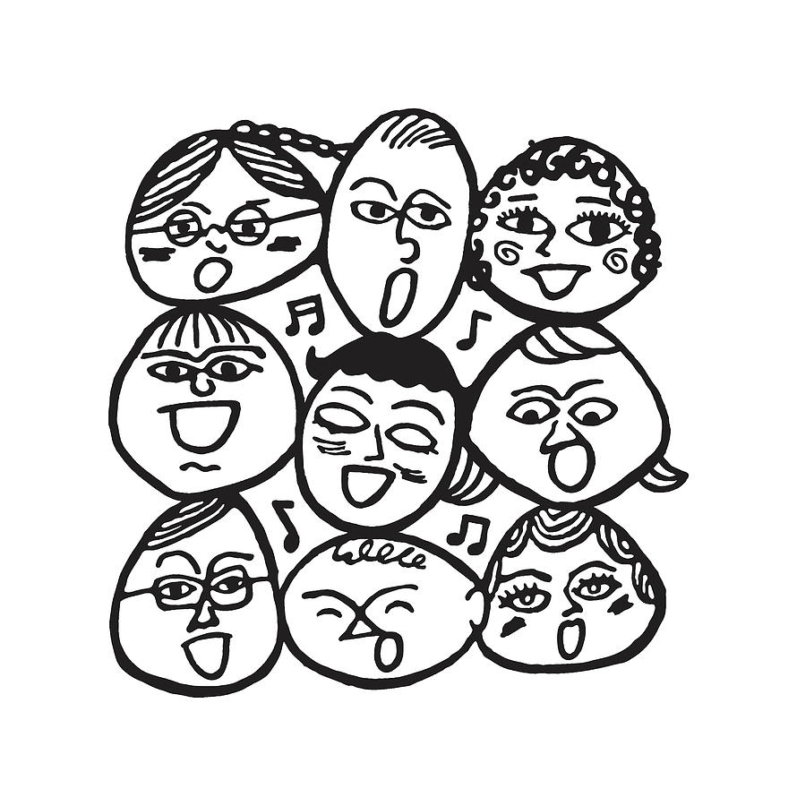 Black And White Drawing - Multiple human faces singing with various expressions #1 by CSA Images