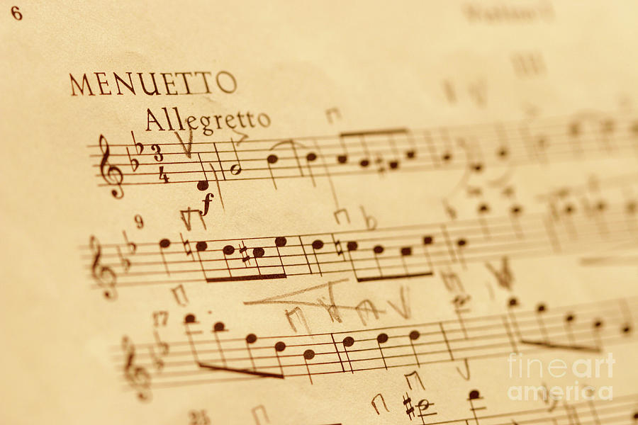 Music Score. Minuet In B Flat Minor. Allegretto Tempo, Treble Clef, 3/4 Time Signature Photograph by 