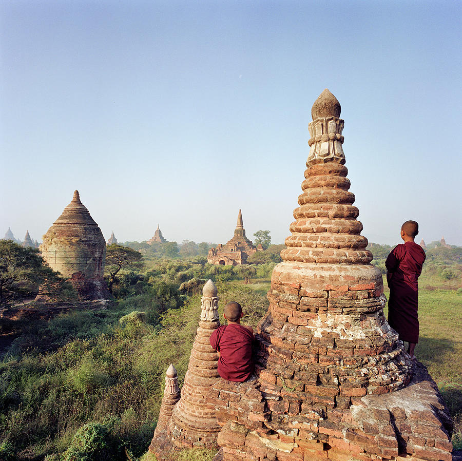 Myanmar, Bagan, Buddhist Monks On Temple #1 Photograph by Martin Puddy