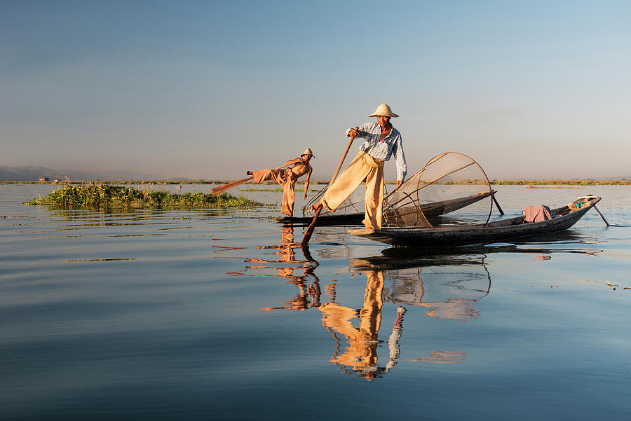 Myanmar, Fishermen On Inle Lake #1 Digital Art by Jordan Banks