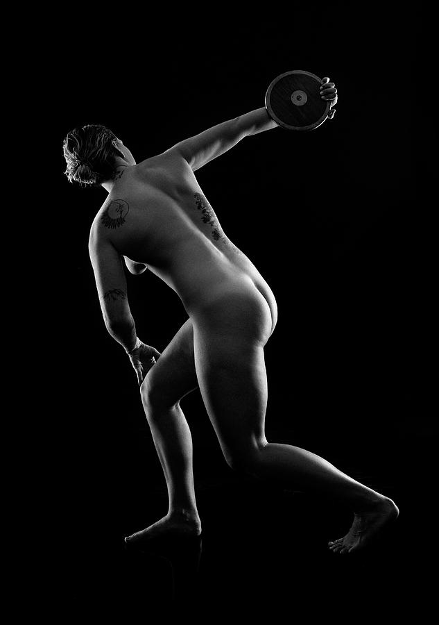 Black And White Photograph - Naked Tattooed Female Discus Thrower #1 by Panoramic Images