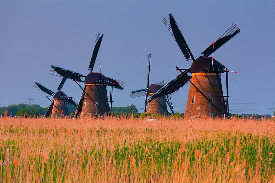 Netherlands, South Holland, Benelux, Kinderdijk, Windmill, Evening #1 Digital Art by Olimpio Fantuz
