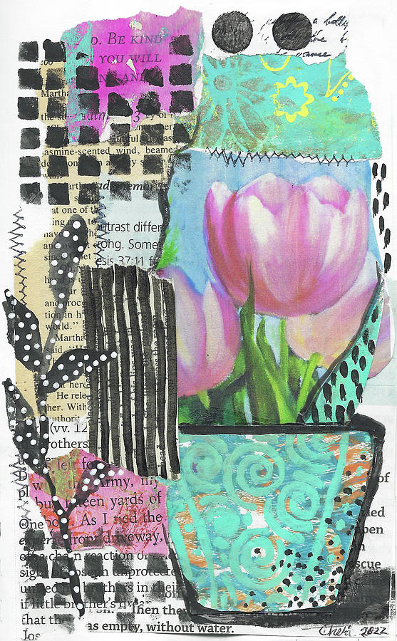 Pink Tulips Mixed Media Collage Original by Cheri Wollenberg Mixed Media by Cheri Wollenberg