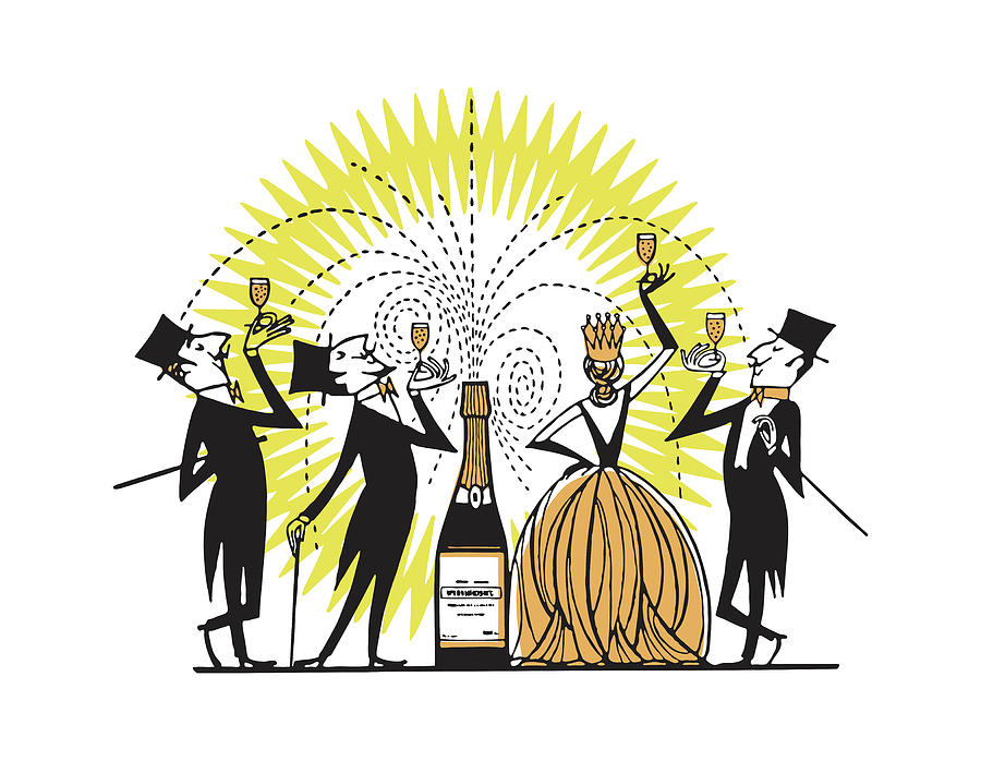 Vintage Drawing - New Years Eve Celebration with Champagne #1 by CSA Images