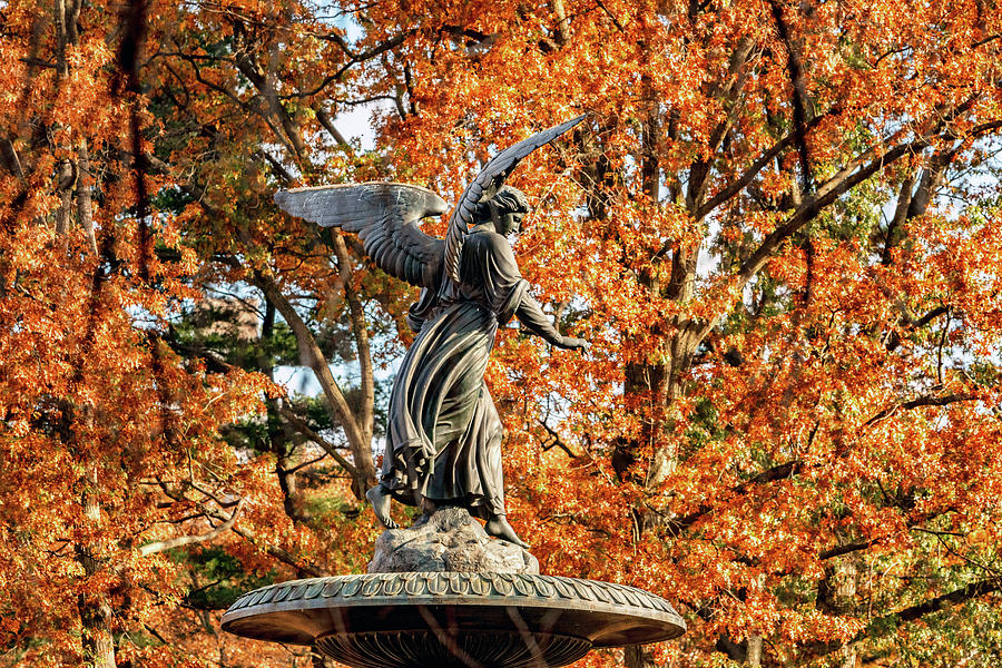 New York City, Central Park, Manhattan, Angel Of The Waters Fountain In Autumn, Foliage #1 Digital Art by Claudia Uripos