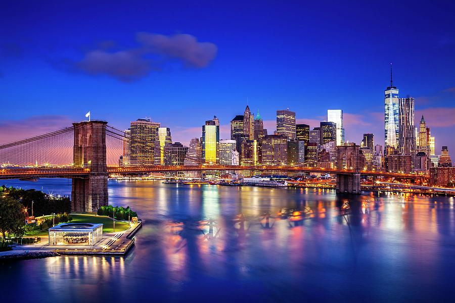 New York City, East River, Manhattan, Lower Manhattan, Brooklyn Bridge And Manhattan Skyline With One World Trade Center At Sunrise #1 Digital Art by Antonino Bartuccio