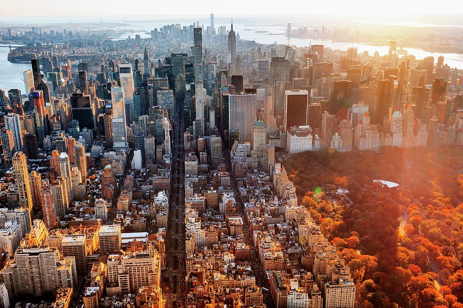 New York City, Manhattan, Central Park, Aerial View Towards Central Park With Foliage, Empire State Building And One World Trade Center At Sunset #1 Digital Art by Antonino Bartuccio