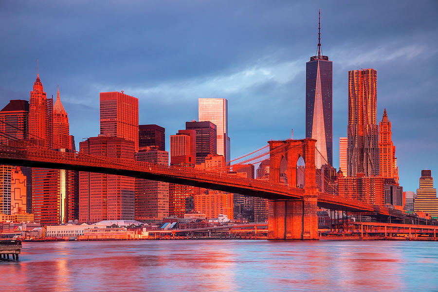 New York City, Manhattan, East River, Lower Manhattan, Brooklyn Bridge, View Of Lower Manhattan And Brooklyn Bridge From Dumbo At Dawn #1 Digital Art by Antonino Bartuccio