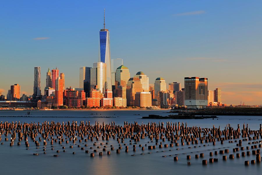 New York City, Manhattan, Hudson, Lower Manhattan, One World Trade Center, Freedom Tower, View Across The Hudson River Of The Downtown Manhattan And Financial District Skyline From New Jersey #1 Digital Art by Riccardo Spila