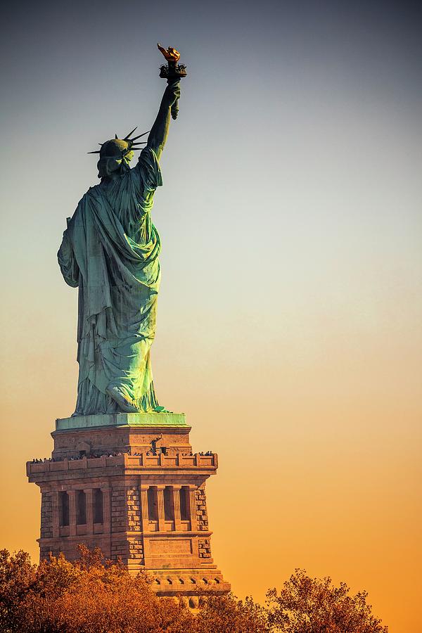 New York City, Manhattan, Lower Manhattan, Liberty Island, Statue Of Liberty, Statue Of Liberty At Sunrise #1 Digital Art by Antonino Bartuccio