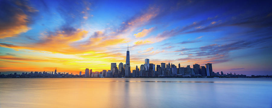 New York City, Manhattan, Lower Manhattan, One World Trade Center, Freedom Tower, City Skyline At Sunrise #1 Digital Art by Maurizio Rellini