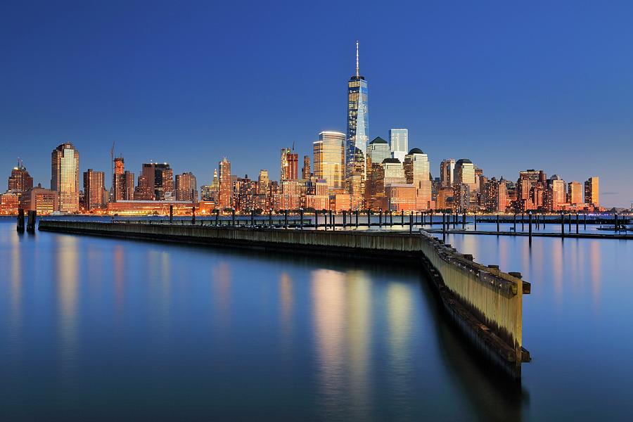 New York City, Manhattan, Lower Manhattan, One World Trade Center, Freedom Tower, View Across The Hudson River Of The Downtown Manhattan And Financial District Skyline From New Jersey #1 Digital Art by Riccardo Spila